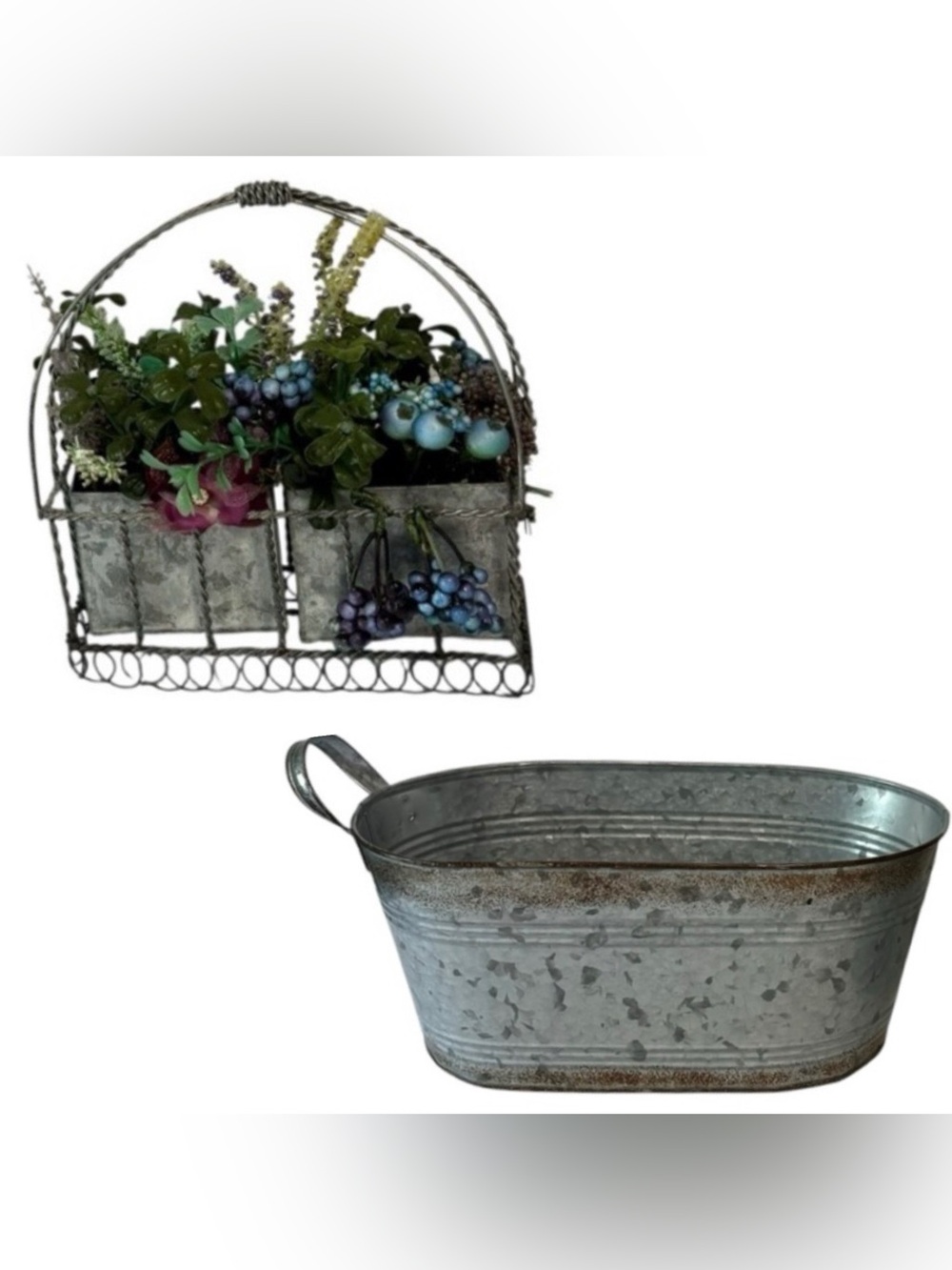 Title: Aged Galvanized Oval Metal Bucket & Handled Floral Basket Set